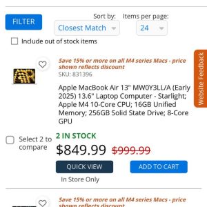 Apple MacBook Air 13" MW0Y3LL/A (Early 2025) 13.6" Laptop Computer - Starlight; Apple M4 10-Core CPU; 16GB Unified Memory; 256GB Solid State Drive; 8-Core GPU
