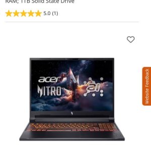 Acer Nitro V 16 AI Copilot+ PC ANV16-61-R8UE 16" Gaming Laptop Computer - Shale Black; AMD Ryzen AI 7 350 2.0GHz Processor; NVIDIA GeForce RTX 5060 8GB GDDR7; 16GB DDR5-5600 RAM; 1TB Solid State Drive